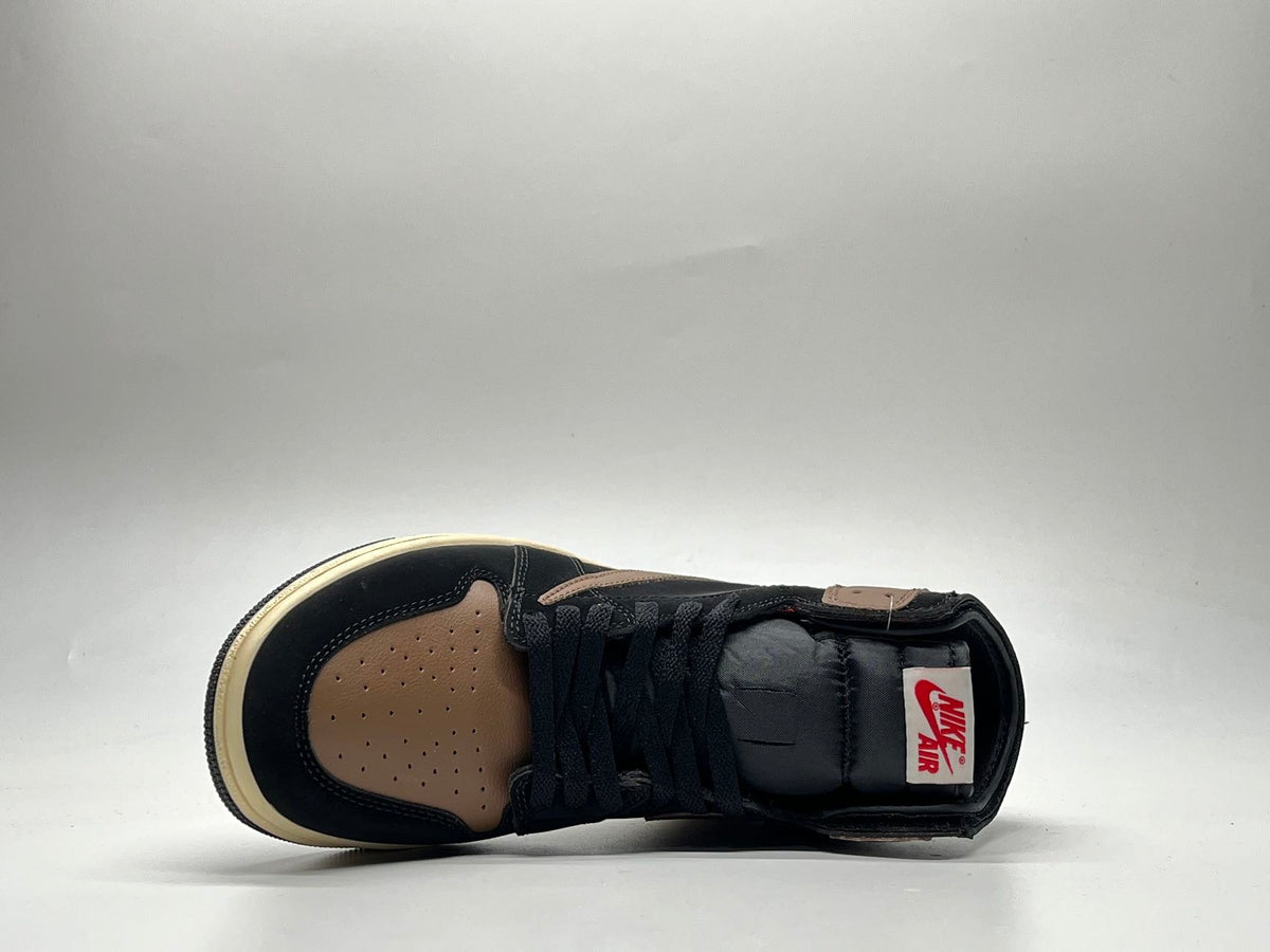 AJ1 Black Mocha Reverse Swoosh Sneakers